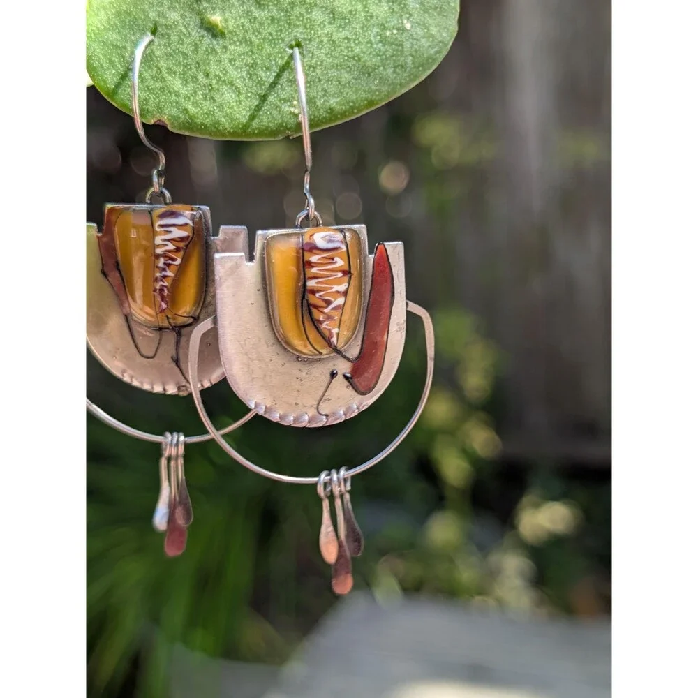 Vintage Abstract Enamel Metal Dangle Earrings